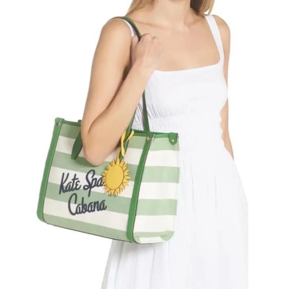 🟠NWT KATE SPADE Market Cabana Canvas Medium Tote in Green/White